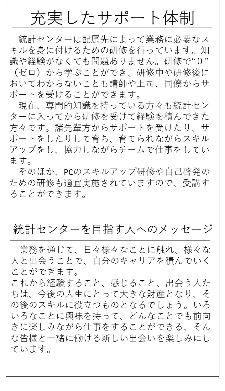 充実したサポート体制。統計センターは配属先によって業務に必要なスキルを身に付けるための研修を行っています。知識や経験がなくても問題ありません。研修で0(ゼロ)から学ぶことができ、研修中や研修後においてわからないことも講師や上司、同僚からサポートを受けることができます。現在、専門的知識を持っている方々も統計センターに入ってから研修を受けて経験を積んできた方々です。諸先輩方からサポートを受けたり、サポートをしたりして育ち、育てられながらスキルアップをし、協力しながらチームで仕事をしています。そのほか、PCのスキルアップ研修や自己啓発のための研修も適宜実施されていますので、受講することができます。統計センターを目指す人へのメッセージ。業務を通じて、日々様々なことに触れ、様々な人と出会うことで、自分のキャリアを積んでいくことができます。これから経験すること、感じること、出会う人たちは、今後の人生にとって大きな財産となり、その後のスキルに役立つものとなるでしょう。いろいろなことに興味を持って、どんなことでも前向きに楽しみながら仕事をすることができる、そんな皆様と一緒に働ける新しい出会いを楽しみにしています。