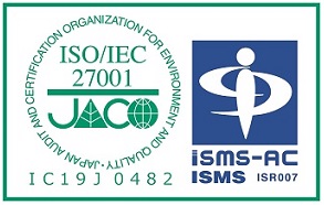 ISMS(ISO/IEC27001)認証マーク 登録番号IC19J0482 ISMS審査機関 isms-AC 及び、日本環境認証機構JACO(Japan Audit and Certification Organization for Environment and Quality)認証機関認定番号ISR007